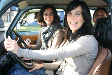 laughing women in a Trabi